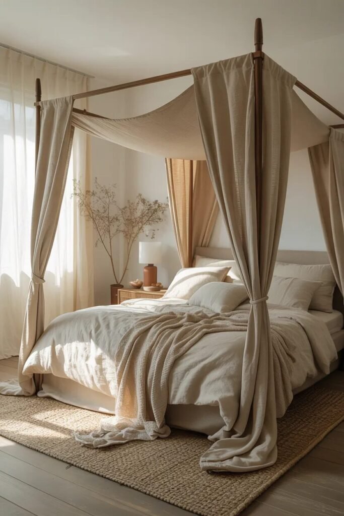 canopy bed ideas beige minimal luxury style