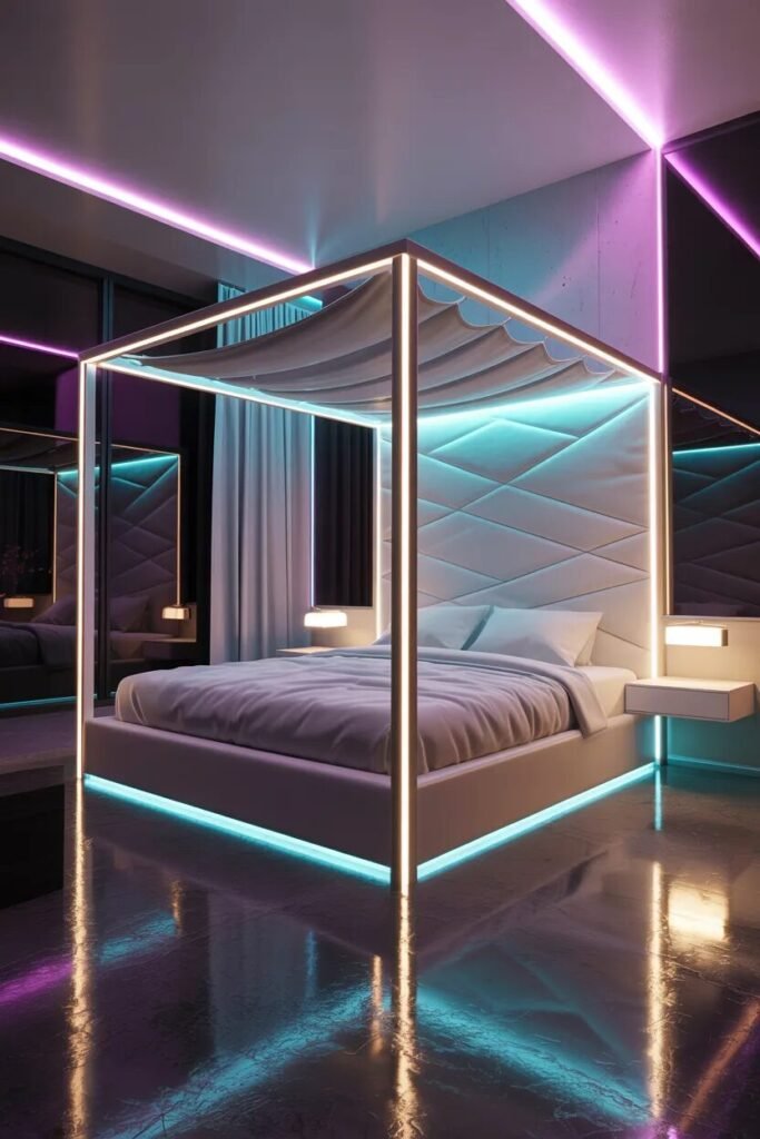 canopy bed ideas LED futuristic glow bed