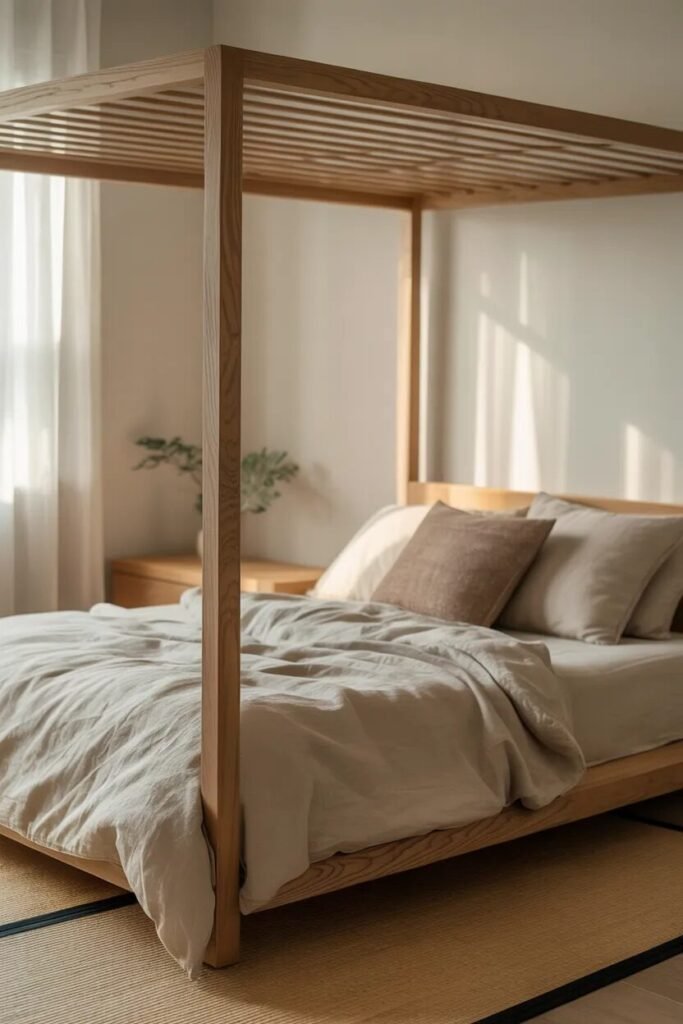 canopy bed ideas Japandi minimal calm bed