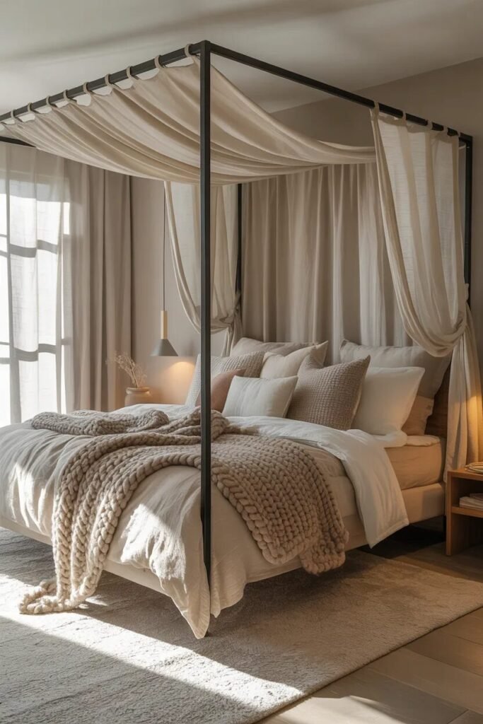 canopy bed ideas Airbnb luxe neutral bed
