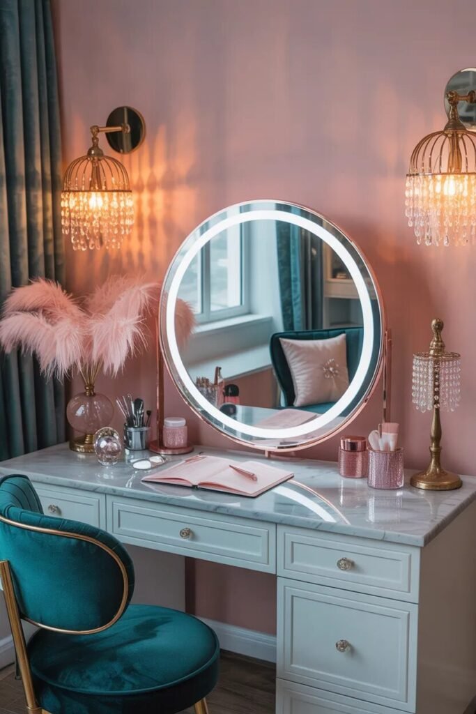 luxury pink green vanity decor