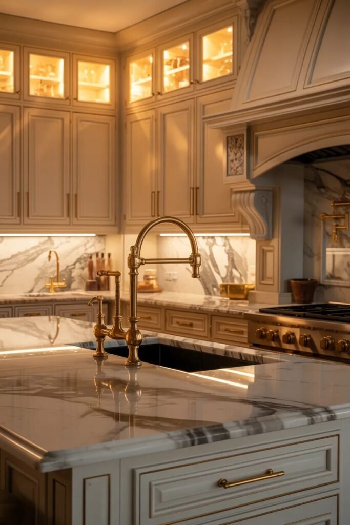 luxury farmhouse kitchen design ideas brass accents