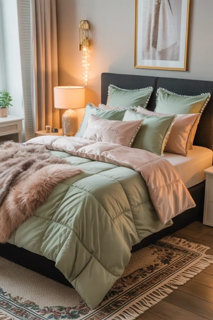 luxury pink green bedding setup