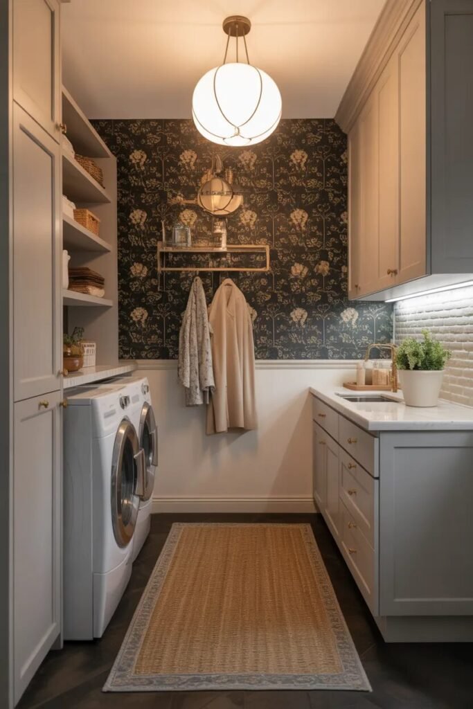 wallpaper laundry room and mudroom combo