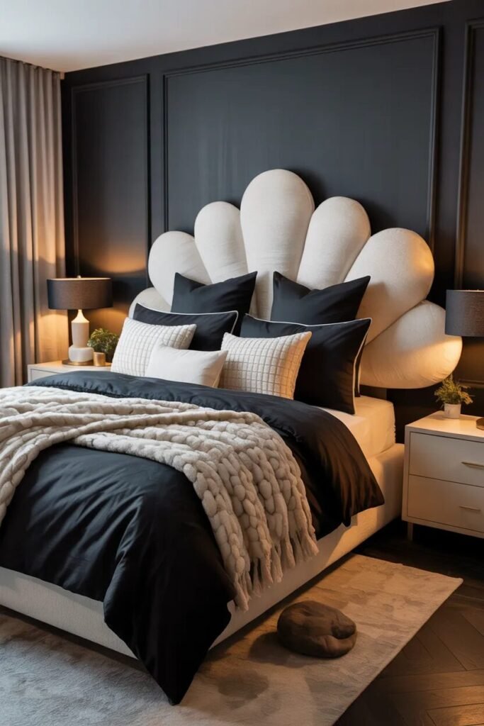 Black bedding ideas cloud headboard