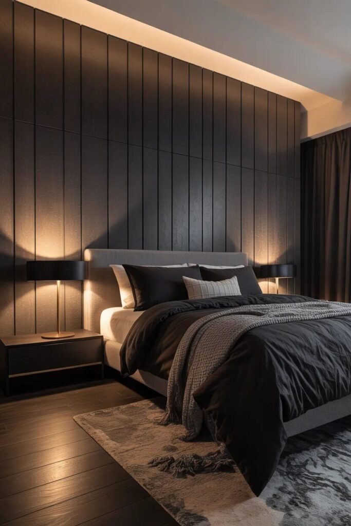 Black bedding ideas charcoal panels
