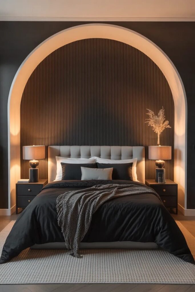 Black bedding ideas arch wall