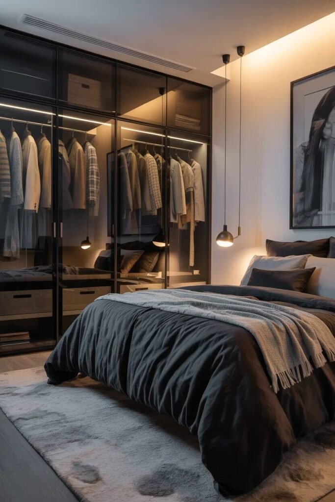 Black bedding ideas glass wardrobe