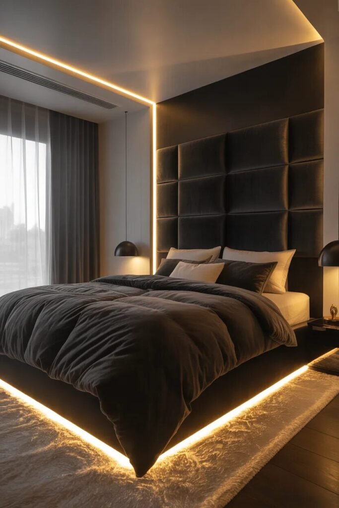 Black bedding ideas LED lighting
