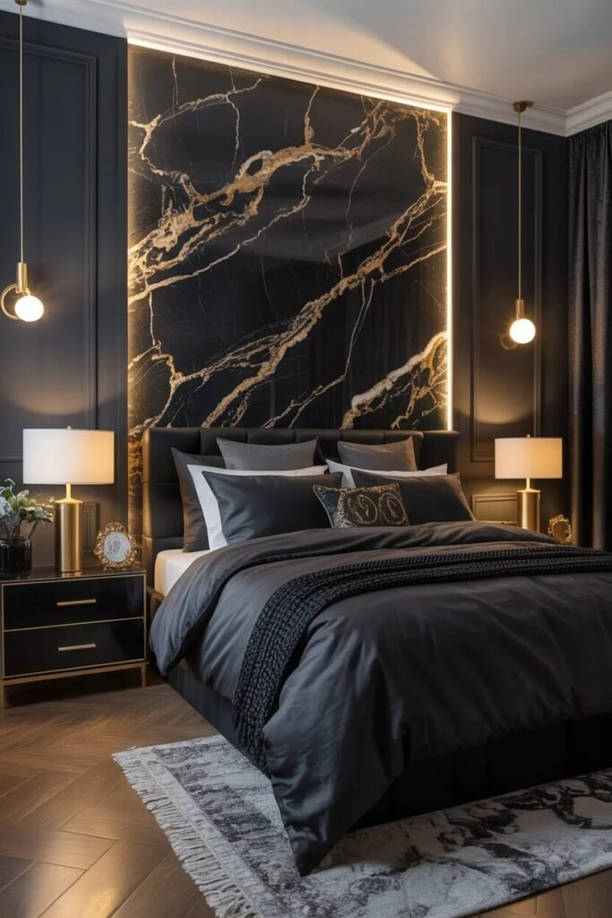 Black bedding ideas marble wall