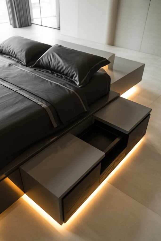 Black bedding ideas floating furniture