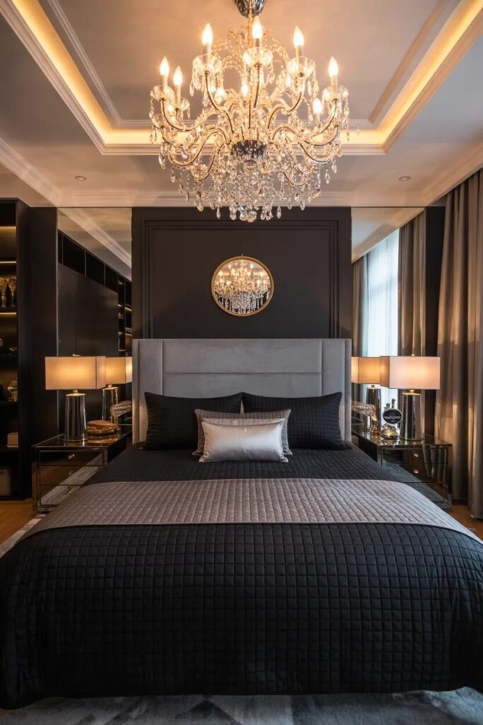 Black bedding ideas crystal chandelier