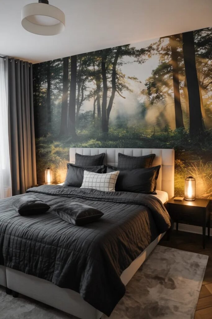 Black bedding ideas forest mural