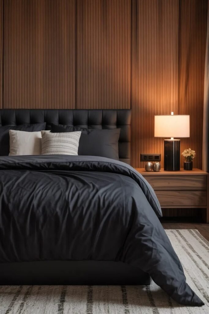 Black bedding ideas wood panels