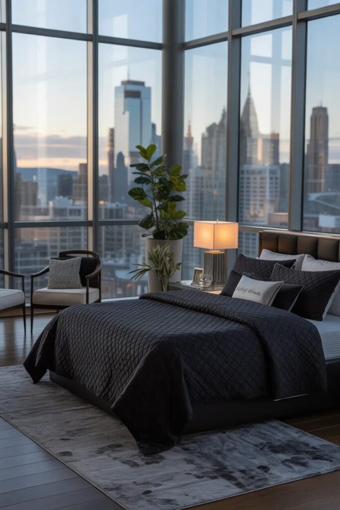 Black bedding ideas penthouse bedroom