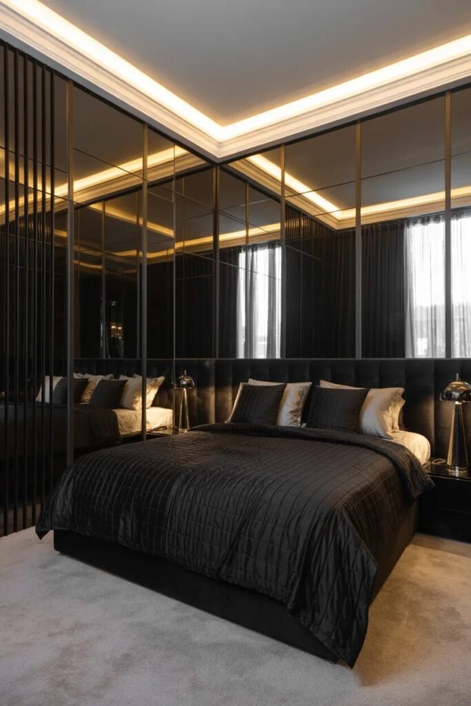 Black bedding ideas mirror panels