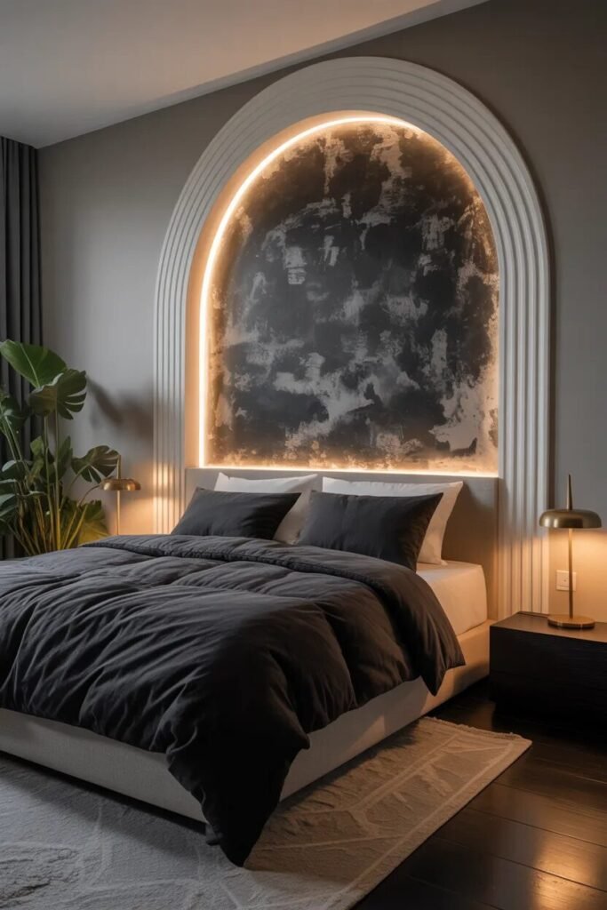 Black bedding ideas plaster wall