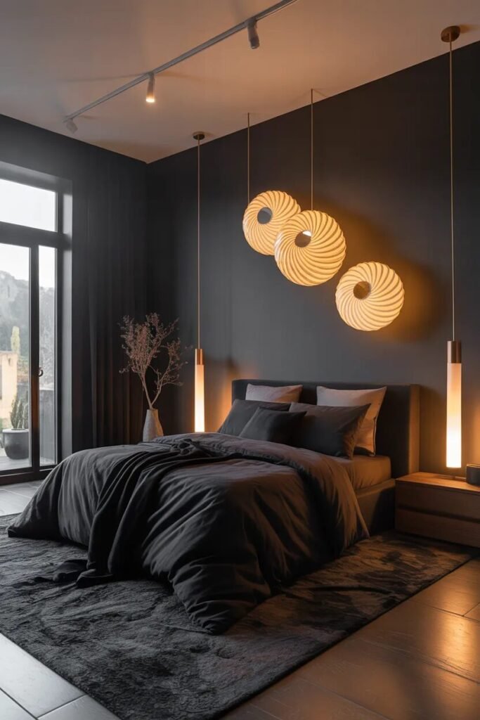 Black bedding ideas sculptural lighting