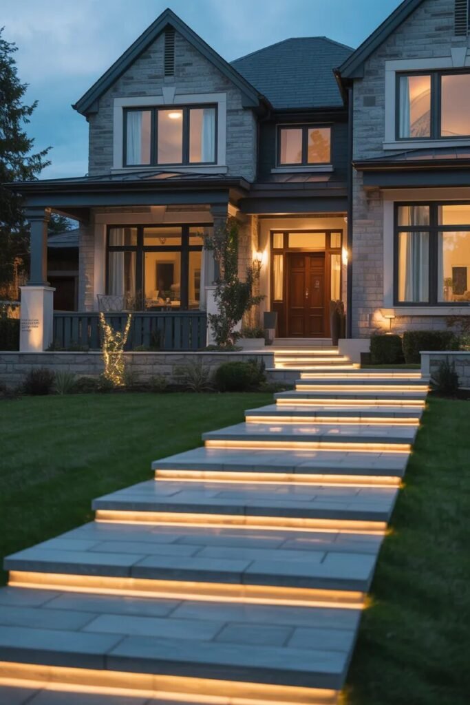 small front yard landscaping ideas illuminated pathway