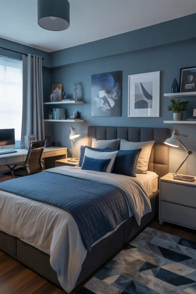 blue gray boys dorm room design