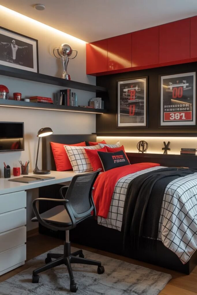 red black boys dorm room design