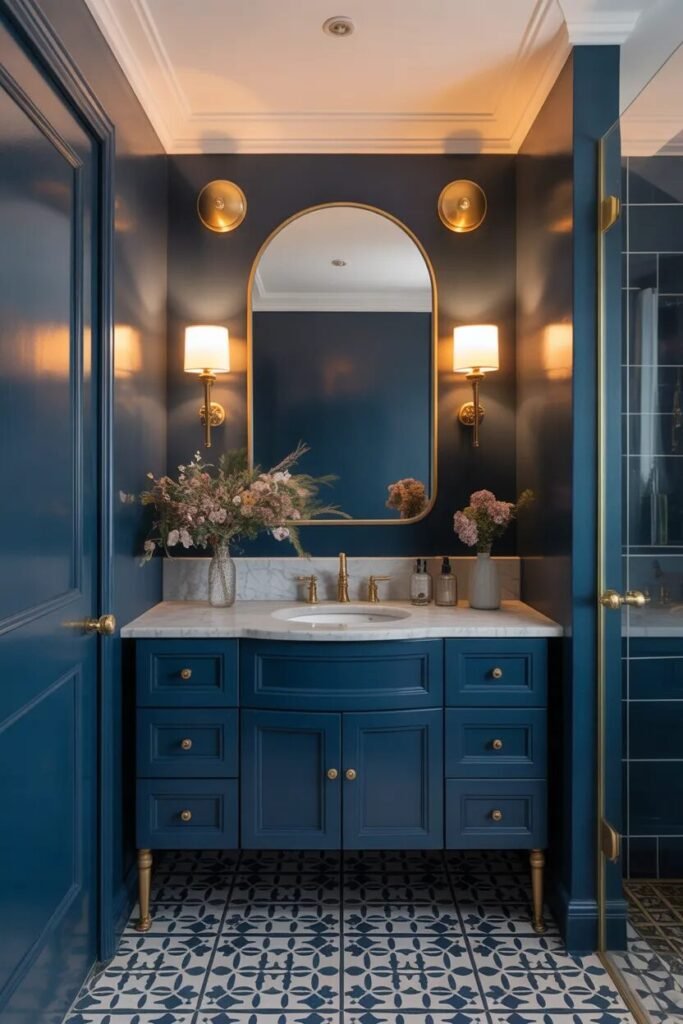 navy luxury half bathroom design