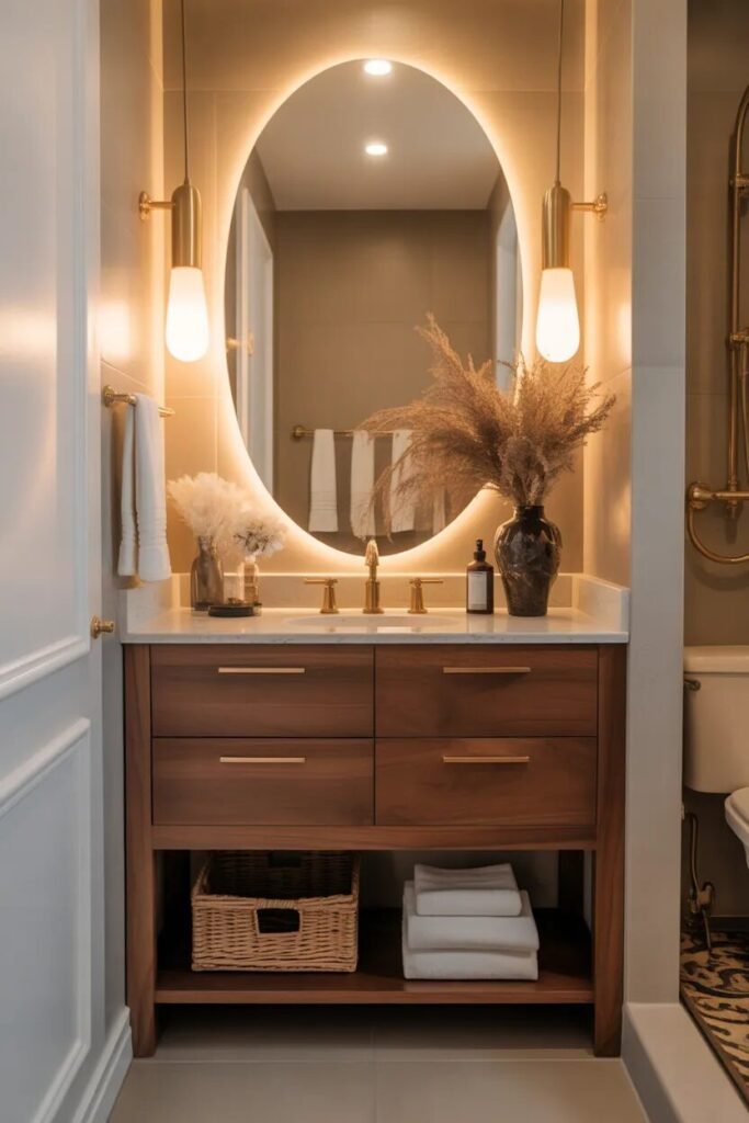 walnut luxury half bathroom design