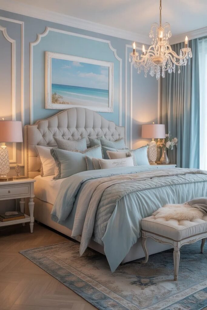blue luxury coastal bedroom design