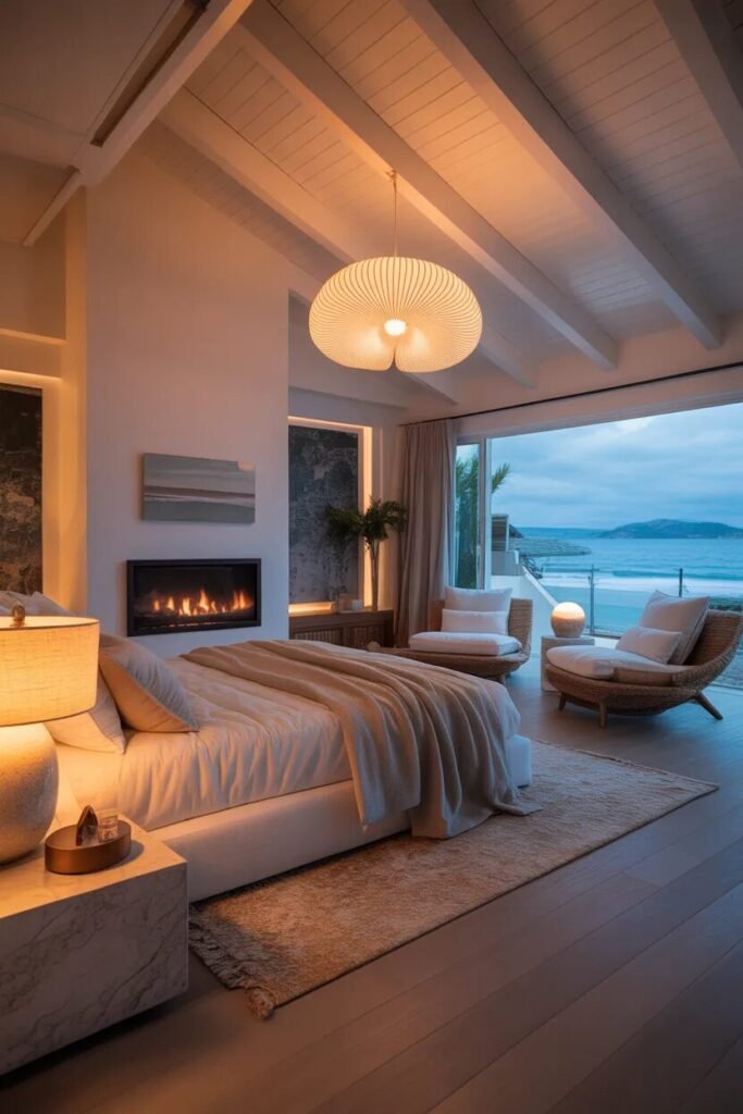 fireplace luxury coastal bedroom design