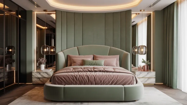 Modern luxury sage green and pink bedroom ideas