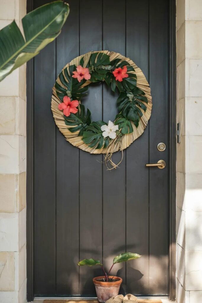 Summer door decoration ideas tropical leaves