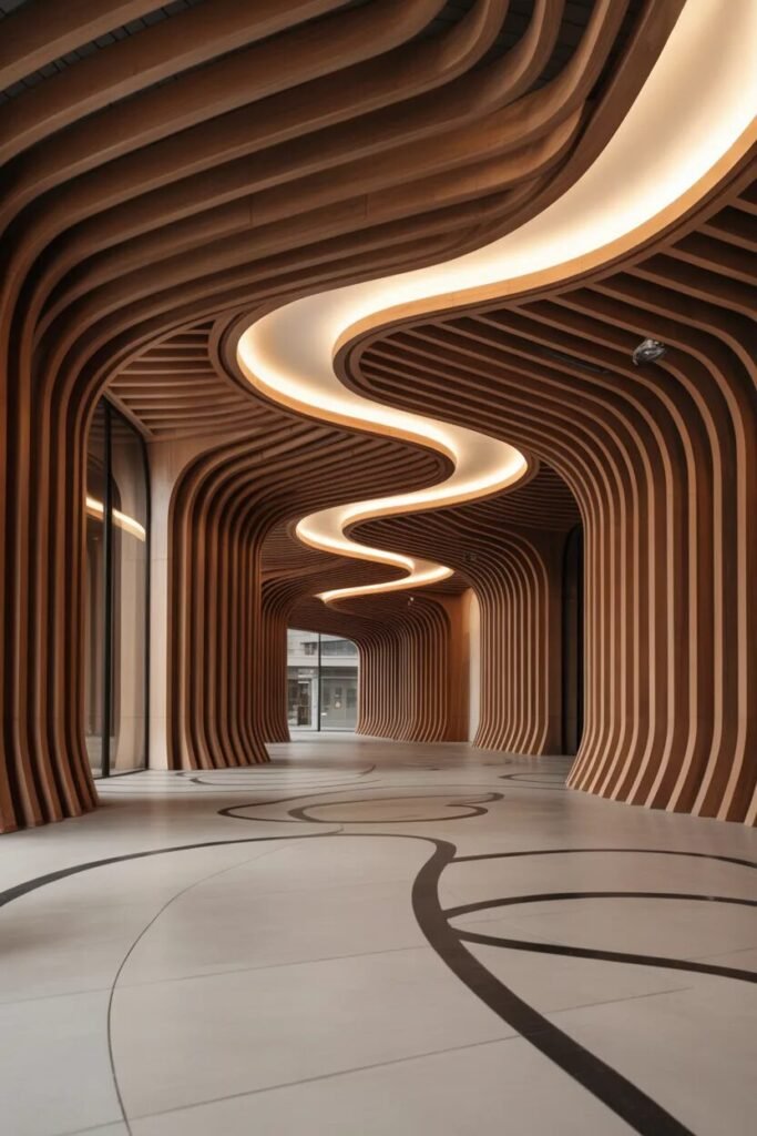 Luxury corridor ceiling design wood sculpture