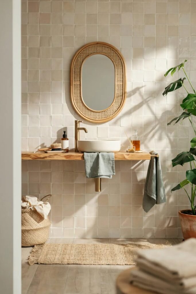 earth tone bathroom designs ideas woven textures