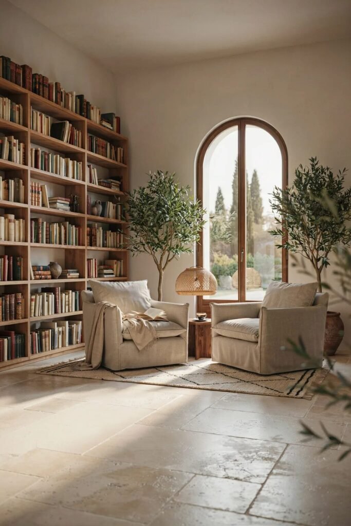Mediterranean reading room ideas with arches
