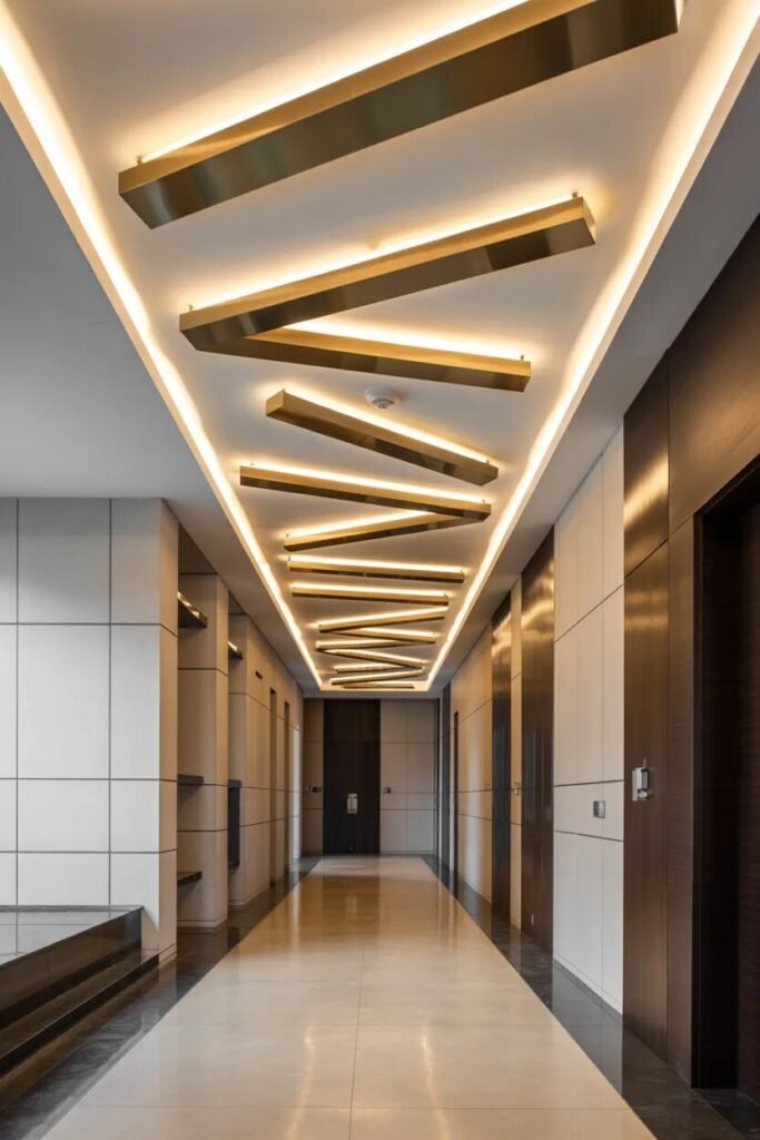 Luxury corridor ceiling design brass blades