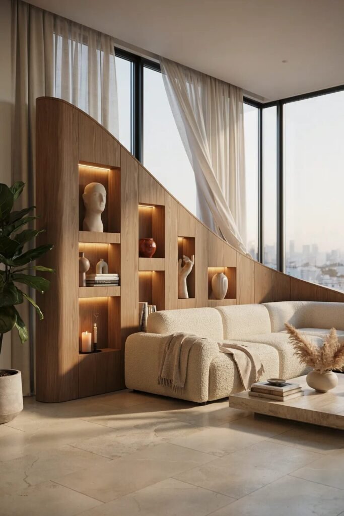 28 living room divider ideas 11 Curved wood living room divider ideas