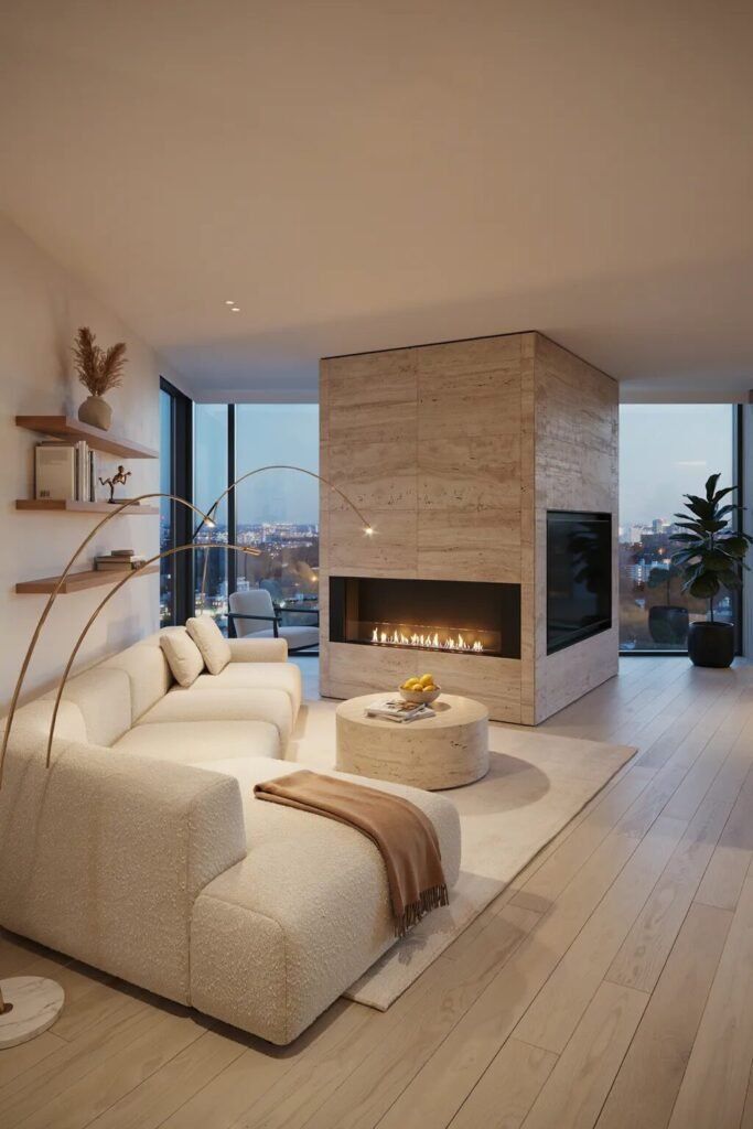 28 living room divider ideas 19 Fireplace TV living room divider ideas
