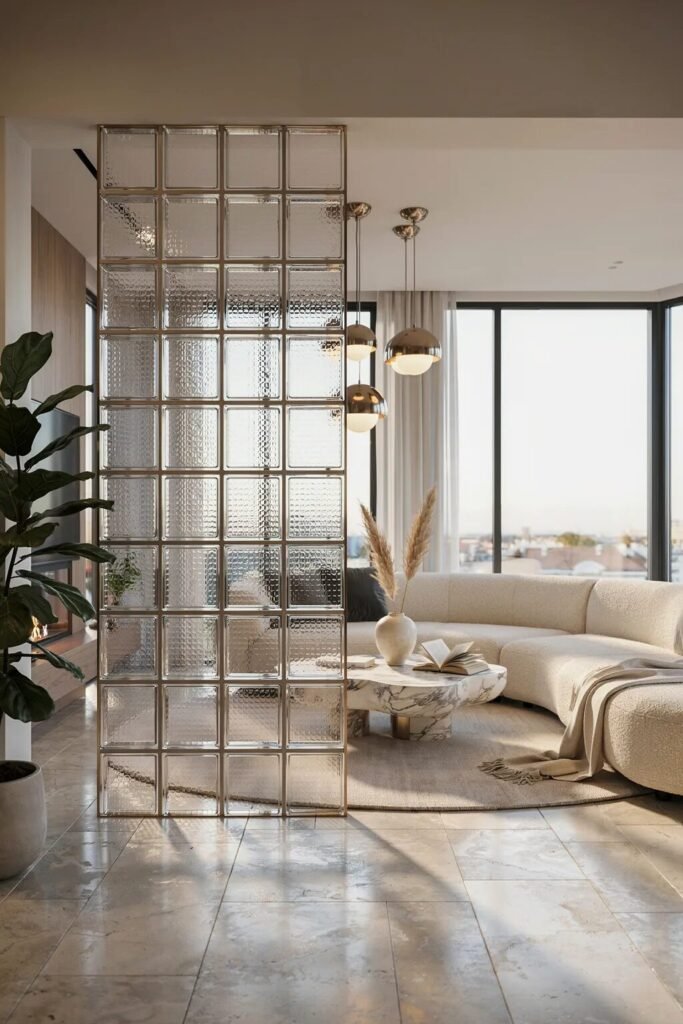 28 living room divider ideas 28 Glass block living room divider ideas