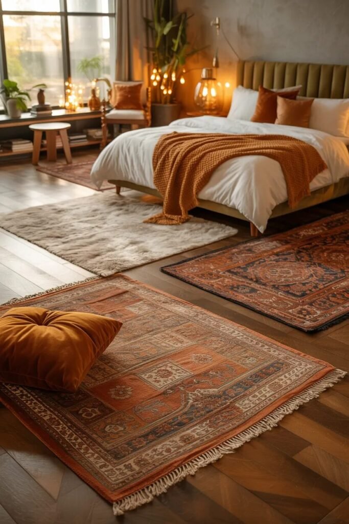 cozy bedroom ideas layered rugs