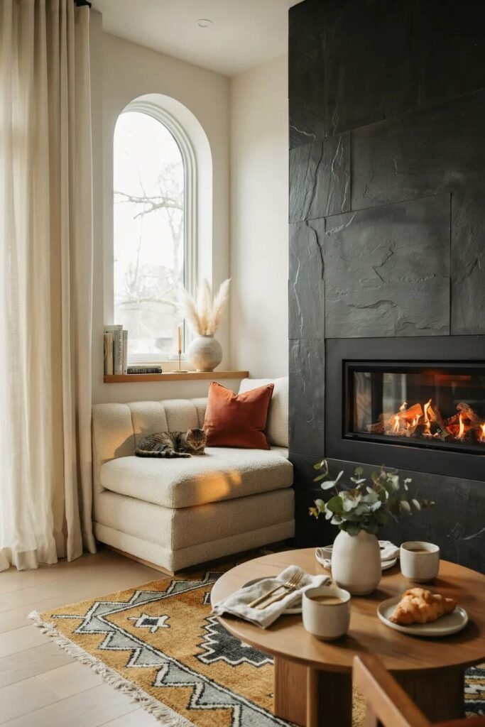 Moody breakfast nook fireplace retreat