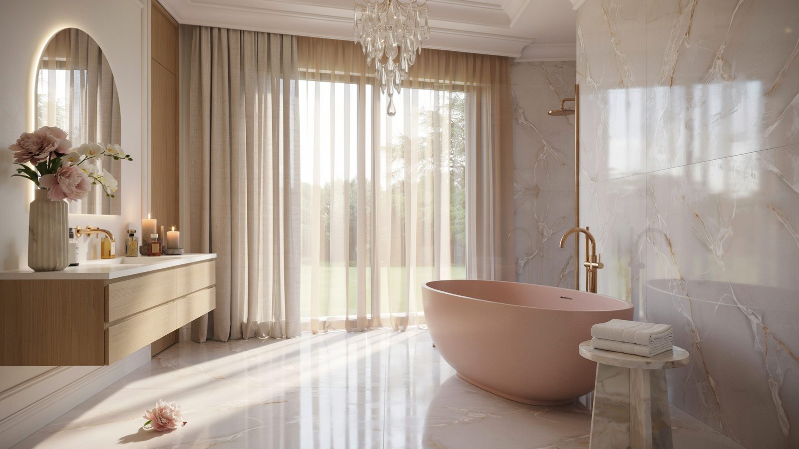 luxury pink bathroom aesthetic 1 high level description a wide editorial Ig1PFvfUVduIAa99VPwYUQ ZySGFy4zRaK1UhLDyM1crg
