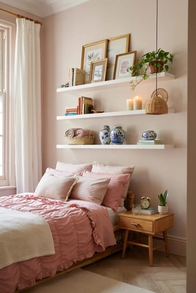 Preppy bedroom design 18 Open shelves preppy bedroom design