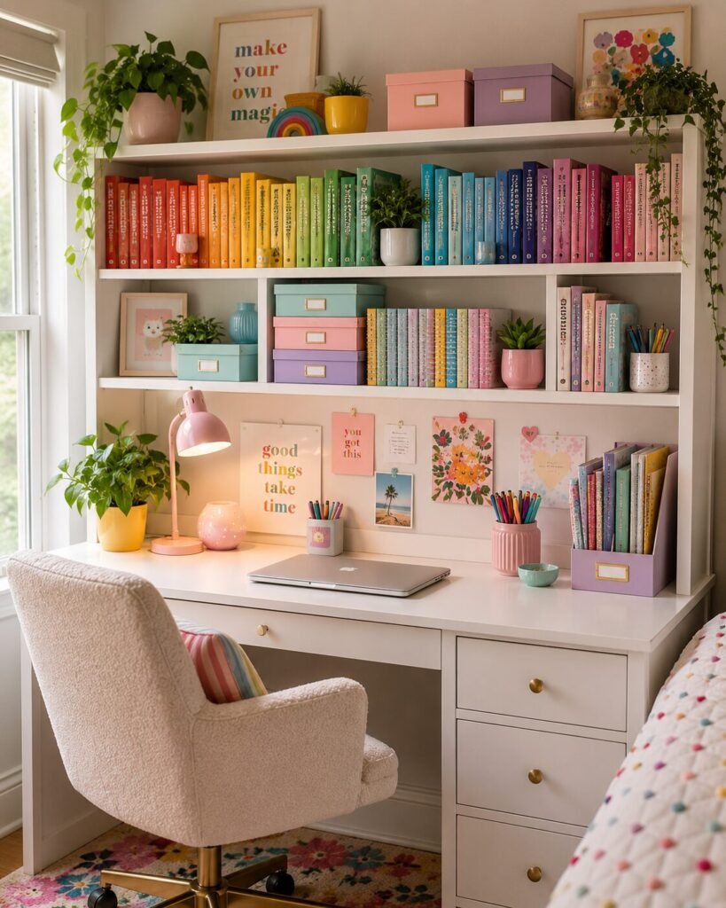 Cute desk hutch ideas colorful shelves