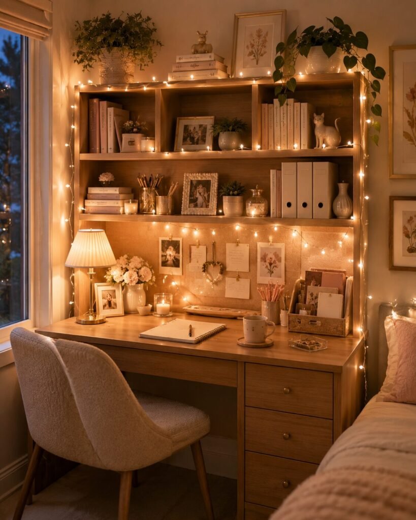 Cute desk hutch ideas fairy light decor
