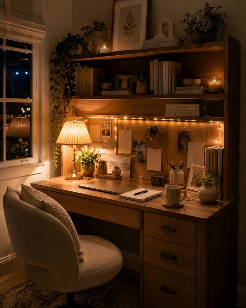 Cute desk hutch ideas cozy night workspace