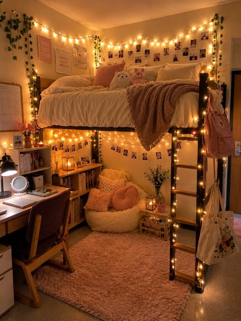 15 lofted bed dorm room ideas fairy lights