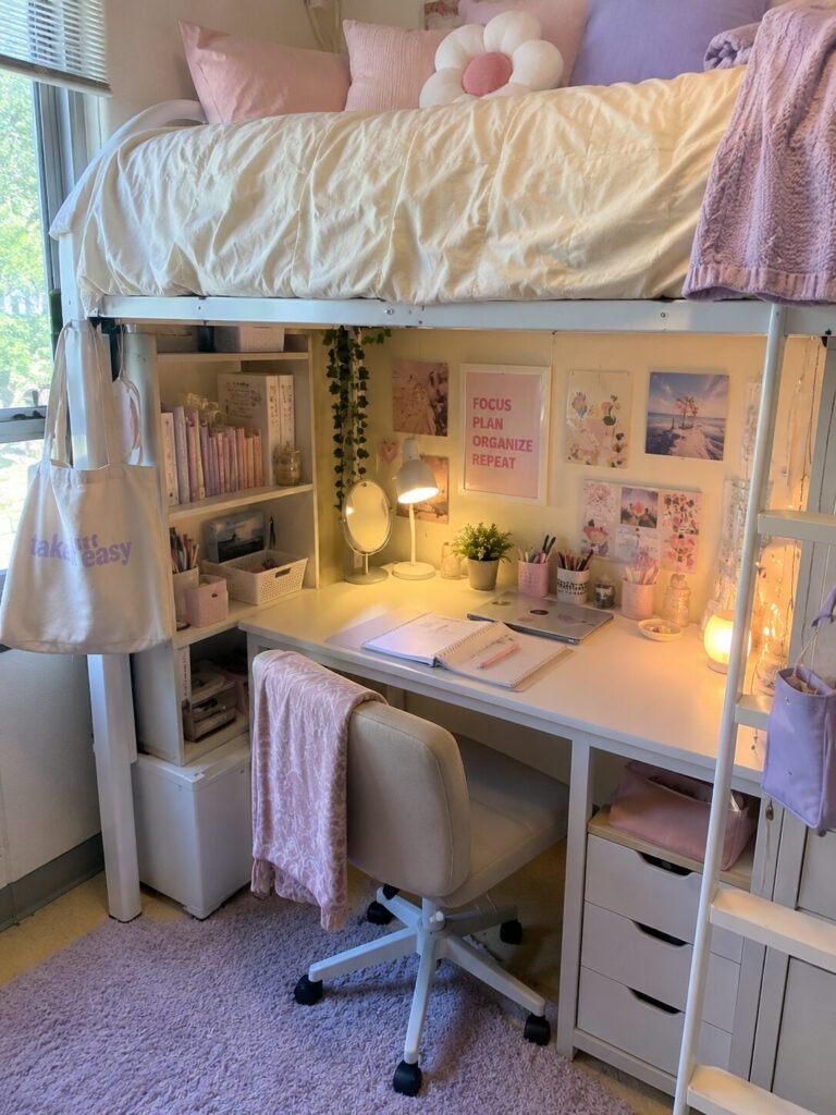 15 lofted bed dorm room ideas pastel desk