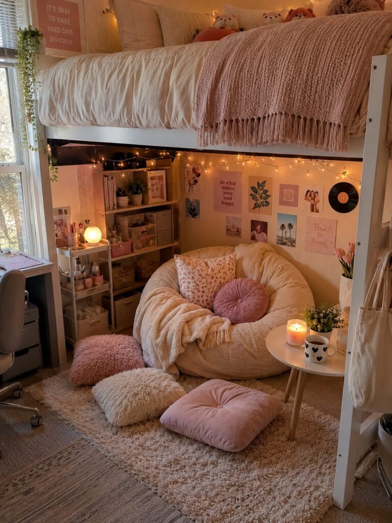15 lofted bed dorm room ideas cute lounge