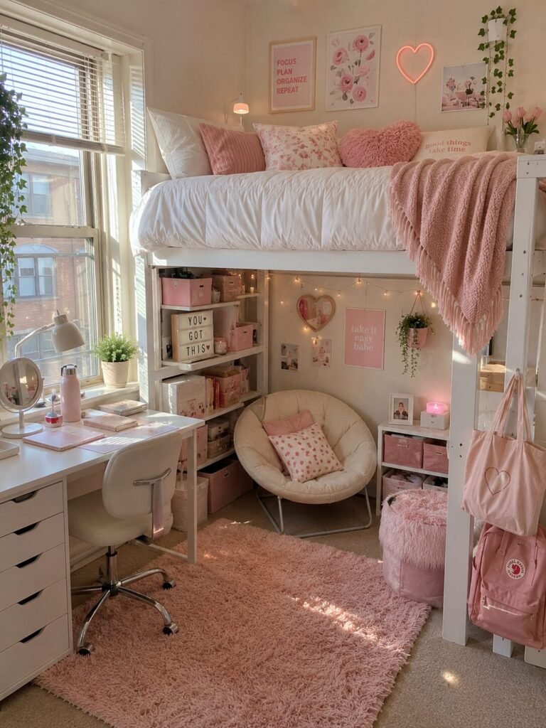 15 lofted bed dorm room ideas pink white