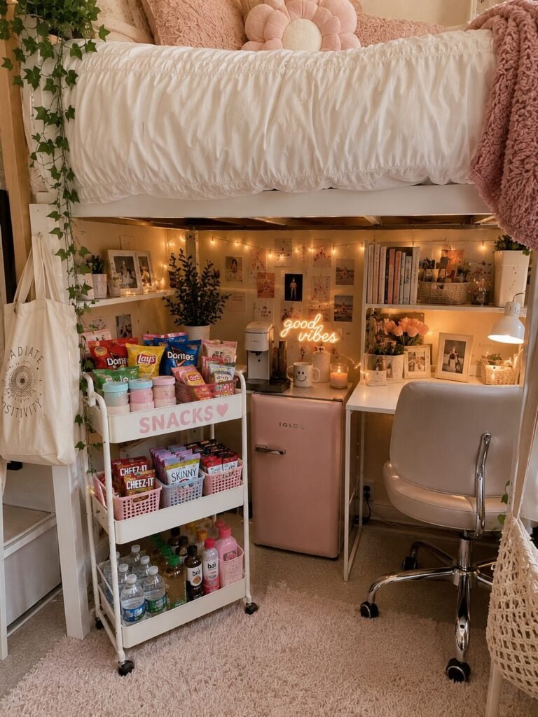 15 lofted bed dorm room ideas snack station